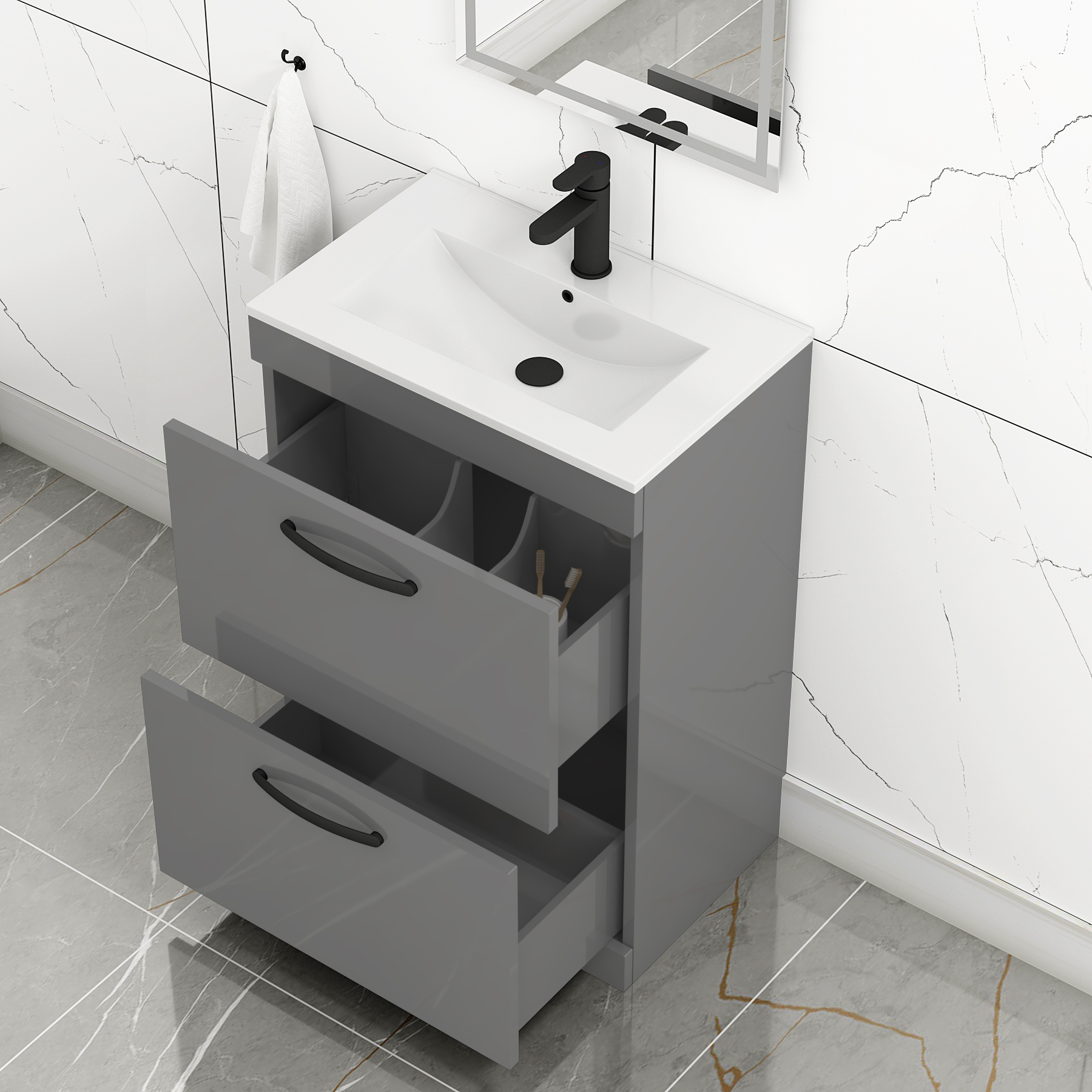 Turin 600mm Floor Standing Vanity Unit Indigo Grey Gloss 2 Drawer Minimalist Basin Unit with Matt Black Handle