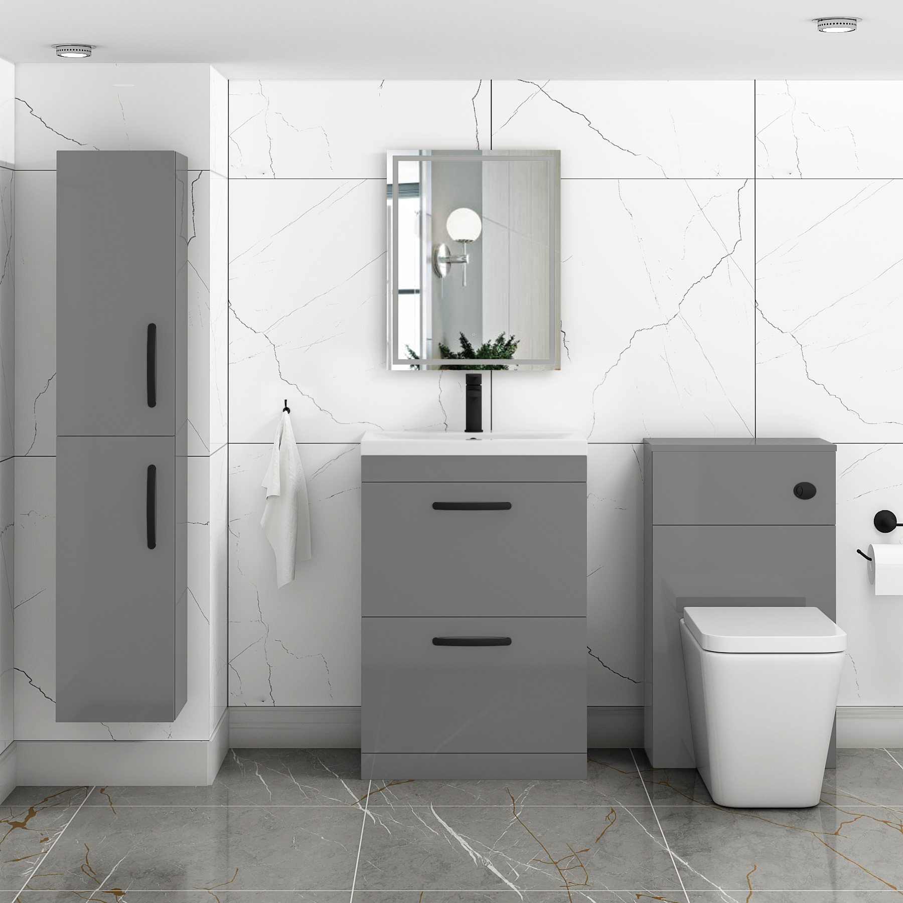 Turin 600mm Floor Standing Vanity Unit Indigo Grey Gloss 2 Drawer Mid-Edge Basin Unit with Matt Black Handle