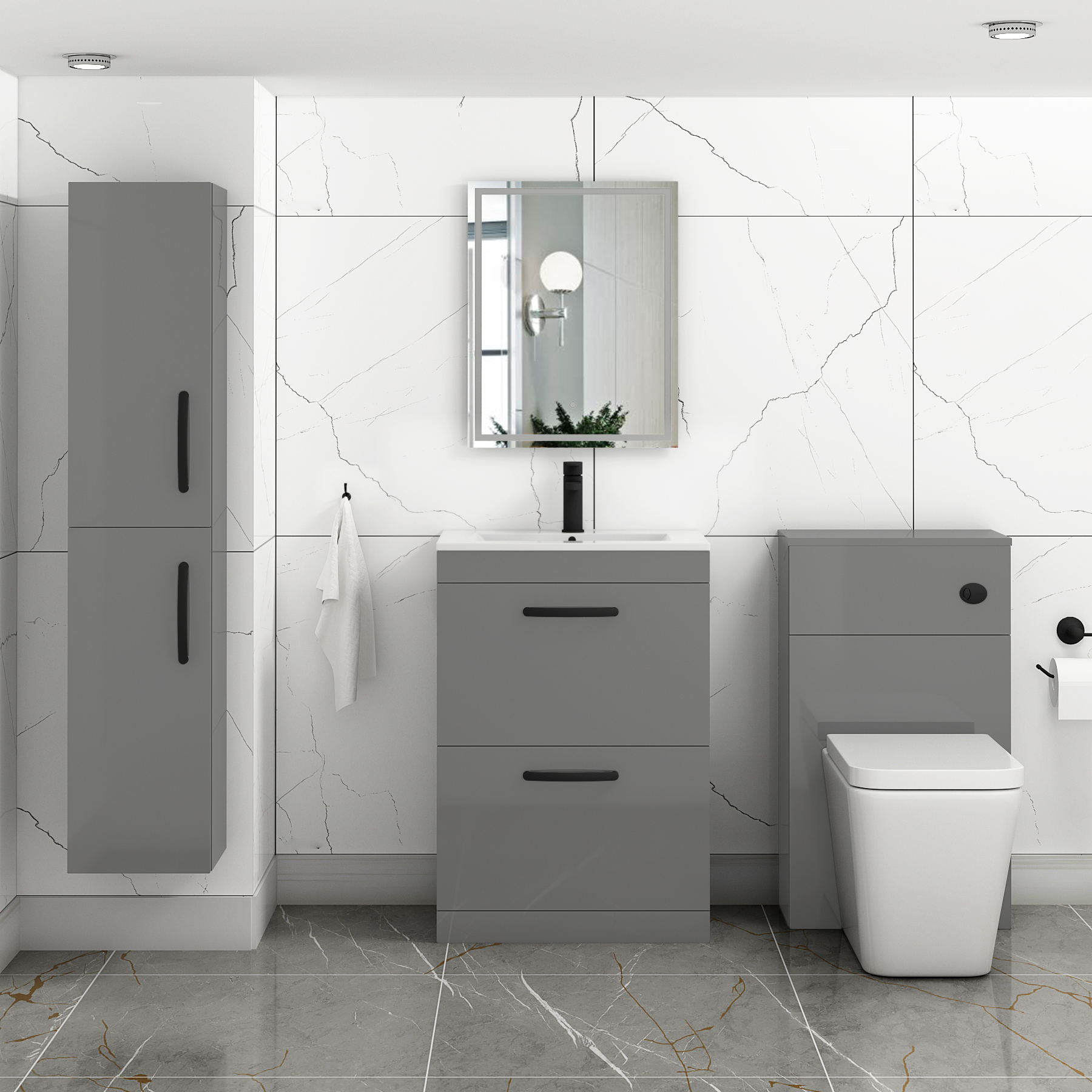 Turin 600mm Floor Standing Vanity Unit Indigo Grey Gloss 2 Drawer Minimalist Basin Unit with Matt Black Handle