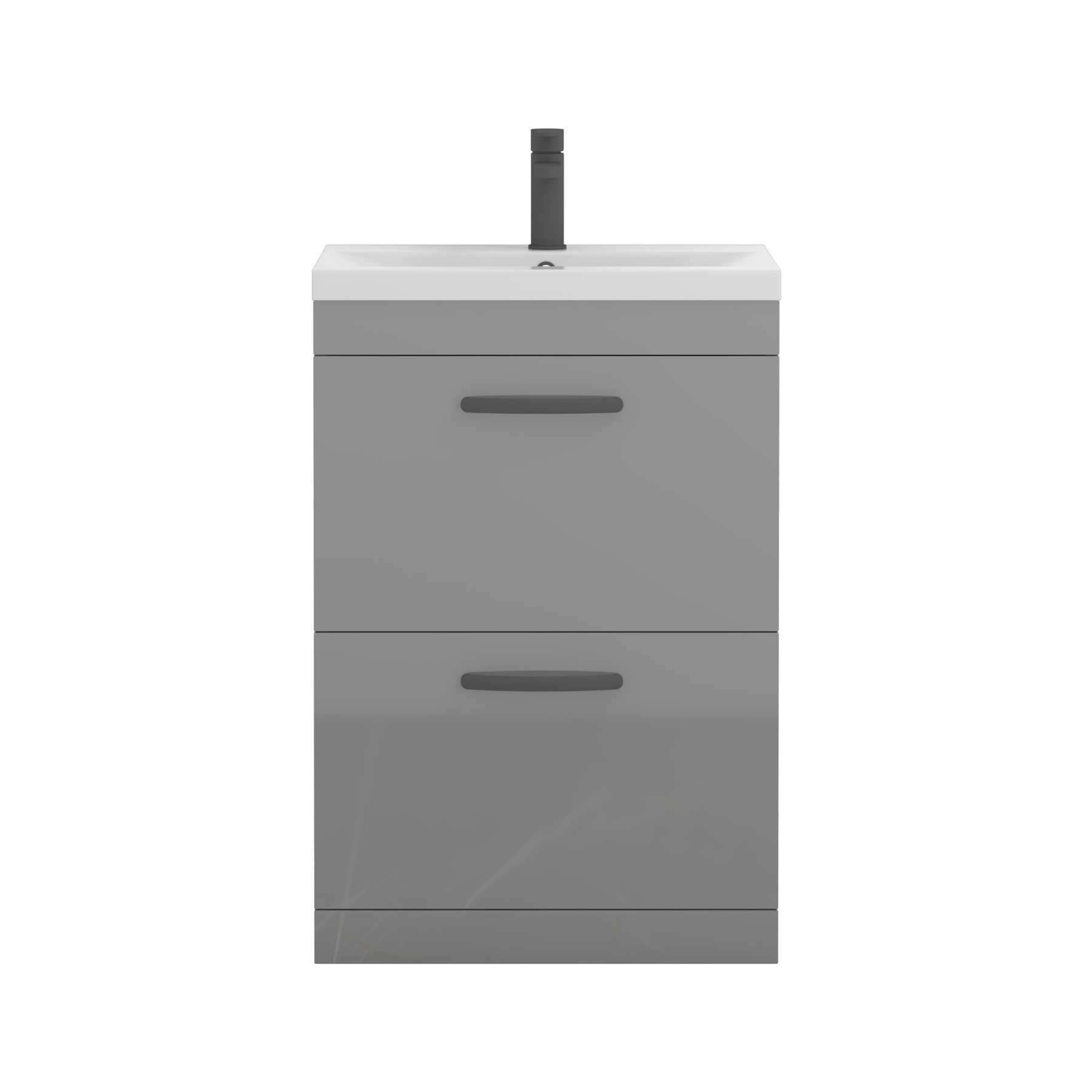 Turin 600mm Floor Standing Vanity Unit Indigo Grey Gloss 2 Drawer Mid-Edge Basin Unit with Matt Black Handle