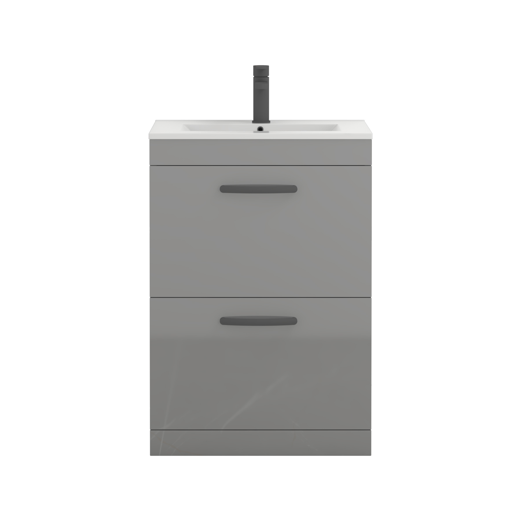 Turin 600mm Floor Standing Vanity Unit Indigo Grey Gloss 2 Drawer Minimalist Basin Unit with Matt Black Handle