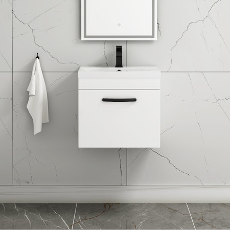 Turin 500mm Wall Hung Vanity Sink Unit 1 Drawer Gloss White - Mid-Edge Basin with Matt Black Handle