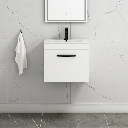 Turin 500mm Wall Hung Vanity Sink Unit 1 Drawer Gloss White - Minimalist Basin with Matt Black Handle