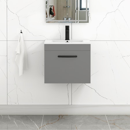 Turin 500mm Wall Hung Vanity Sink Unit 1 Drawer Indigo Grey Gloss - Minimalist Basin with Matt Black Handle