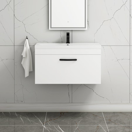 Turin 800mm Wall Hung Vanity Sink Unit 1 Drawer Gloss White - Mid-Edge Basin with Matt Black Handle