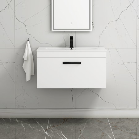 Turin 800mm Wall Hung Vanity Sink Unit 1 Drawer Gloss White - Minimalist Basin with Matt Black Handle