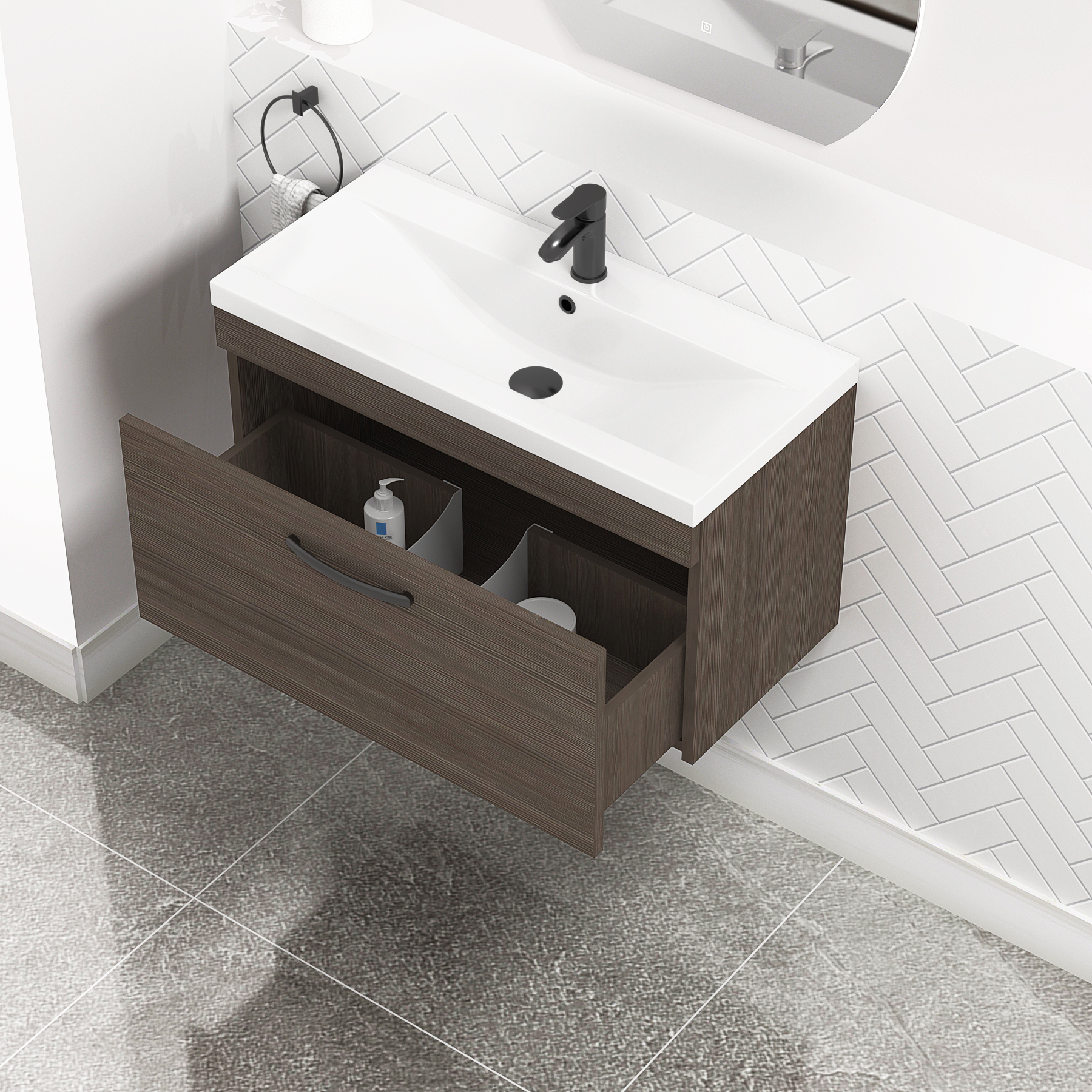 Turin 800mm Wall Hung Vanity Sink Unit 1 Drawer Grey Elm - Mid-Edge Basin with Matt Black Handle