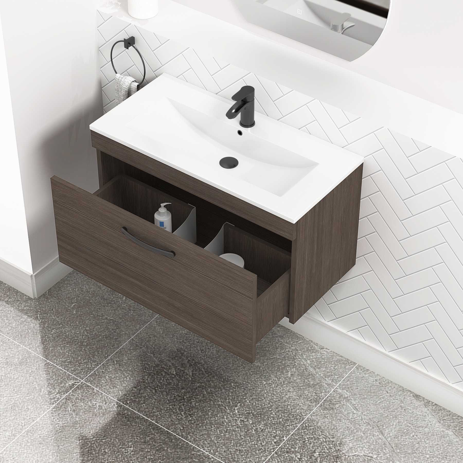 Turin 800mm Wall Hung Vanity Sink Unit 1 Drawer Grey Elm - Minimalist Basin with Matt Black Handle