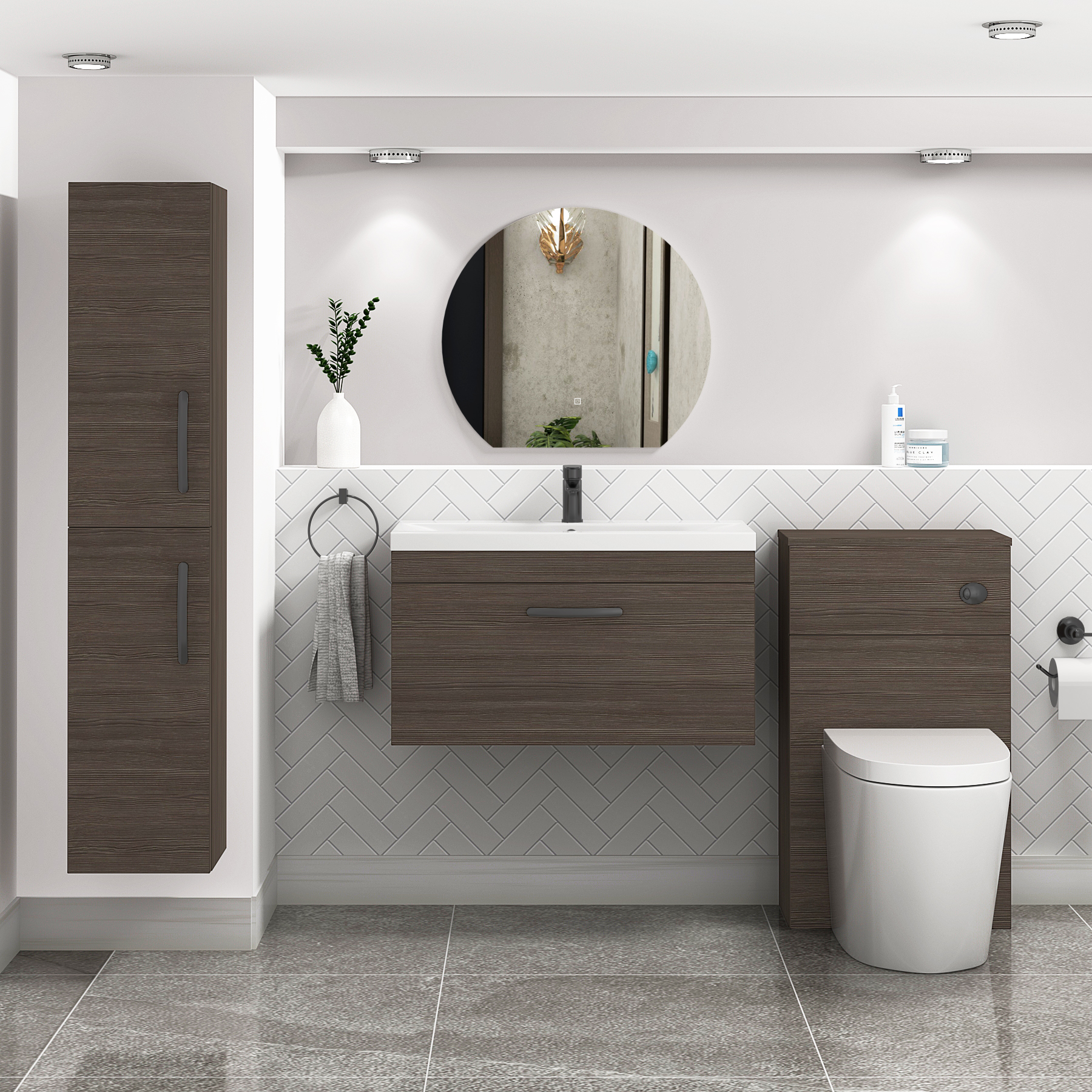 Turin 800mm Wall Hung Vanity Sink Unit 1 Drawer Grey Elm - Mid-Edge Basin with Matt Black Handle