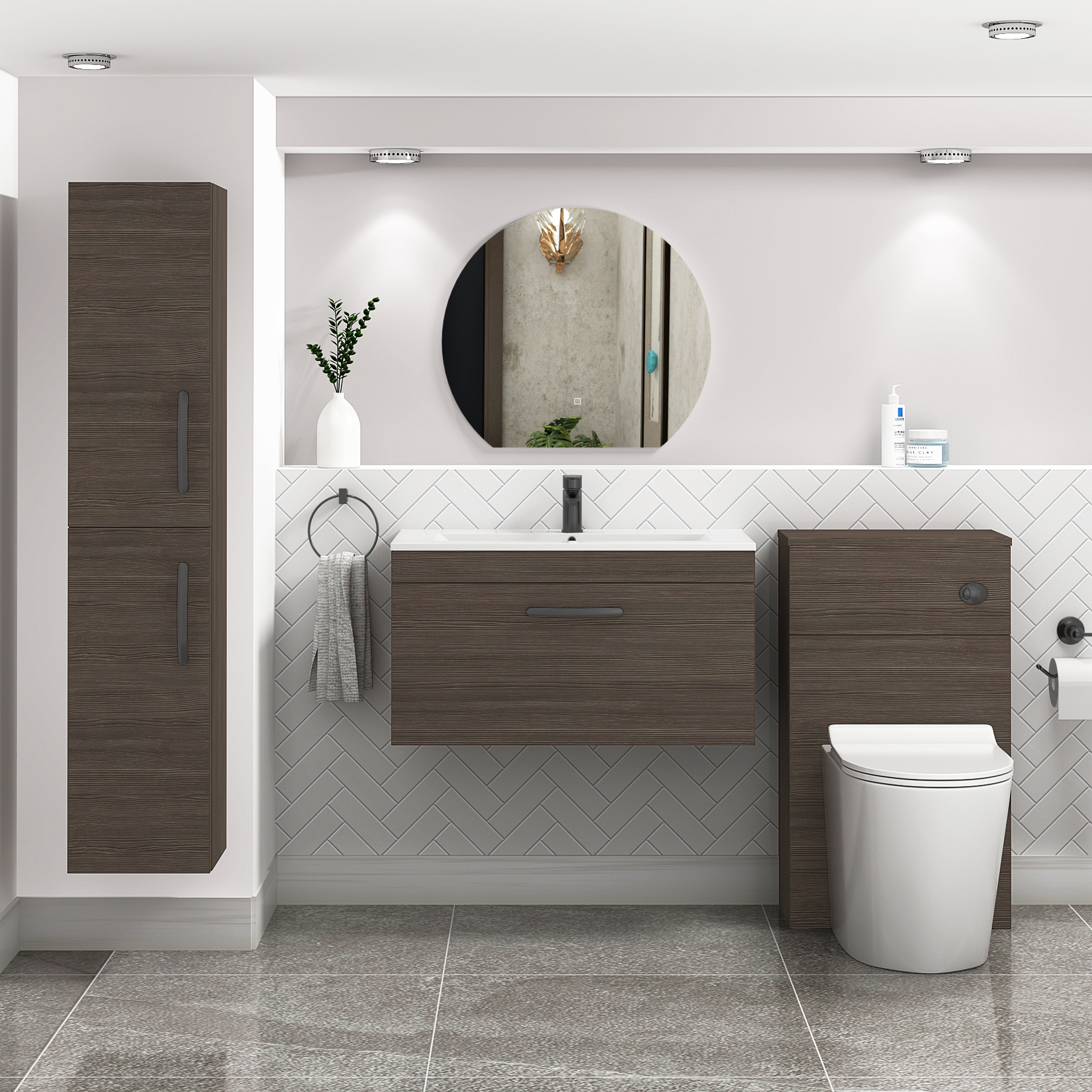 Turin 800mm Wall Hung Vanity Sink Unit 1 Drawer Grey Elm - Minimalist Basin with Matt Black Handle