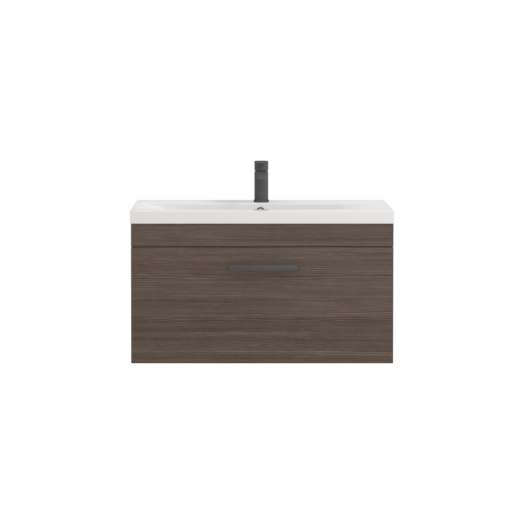 Turin 800mm Wall Hung Vanity Sink Unit 1 Drawer Grey Elm - Mid-Edge Basin with Matt Black Handle