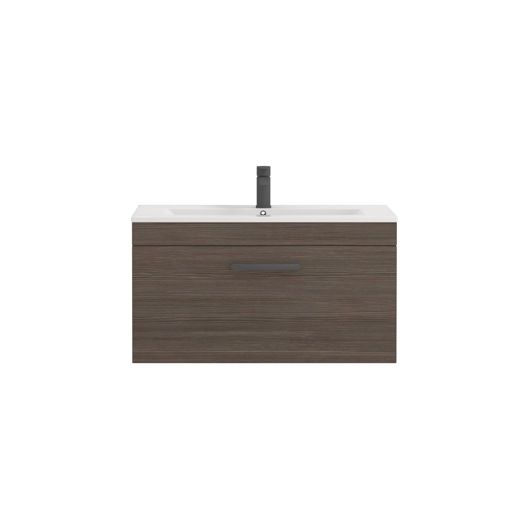 Turin 800mm Wall Hung Vanity Sink Unit 1 Drawer Grey Elm - Minimalist Basin with Matt Black Handle
