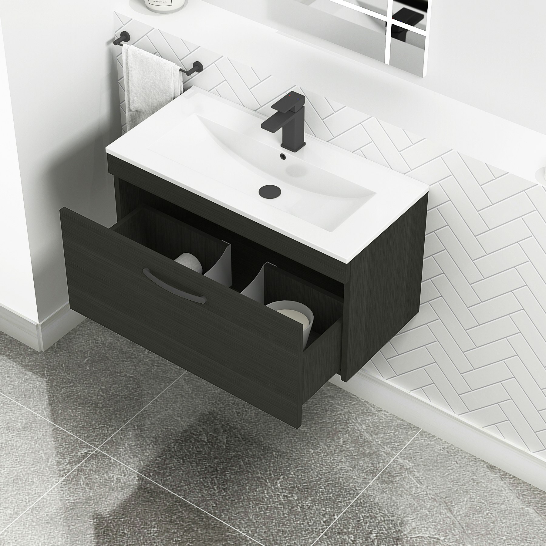 Turin 800mm Wall Hung Vanity Sink Unit 1 Drawer Hale Black - Minimalist Basin with Matt Black Handle