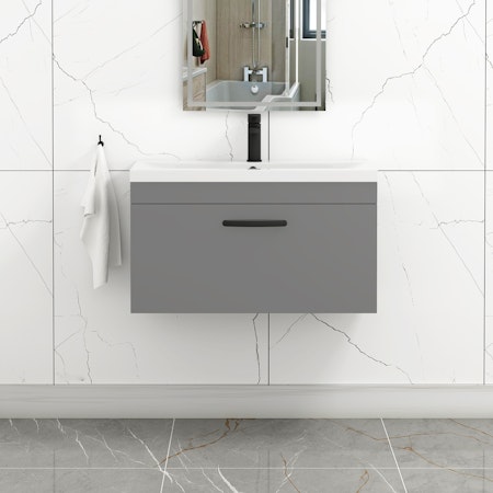 Turin 800mm Wall Hung Vanity Sink Unit 1 Drawer Indigo Grey Gloss - Mid-Edge Basin with Matt Black Handle