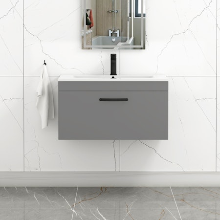Turin 800mm Wall Hung Vanity Sink Unit 1 Drawer Indigo Grey Gloss - Minimalist Basin with Matt Black Handle