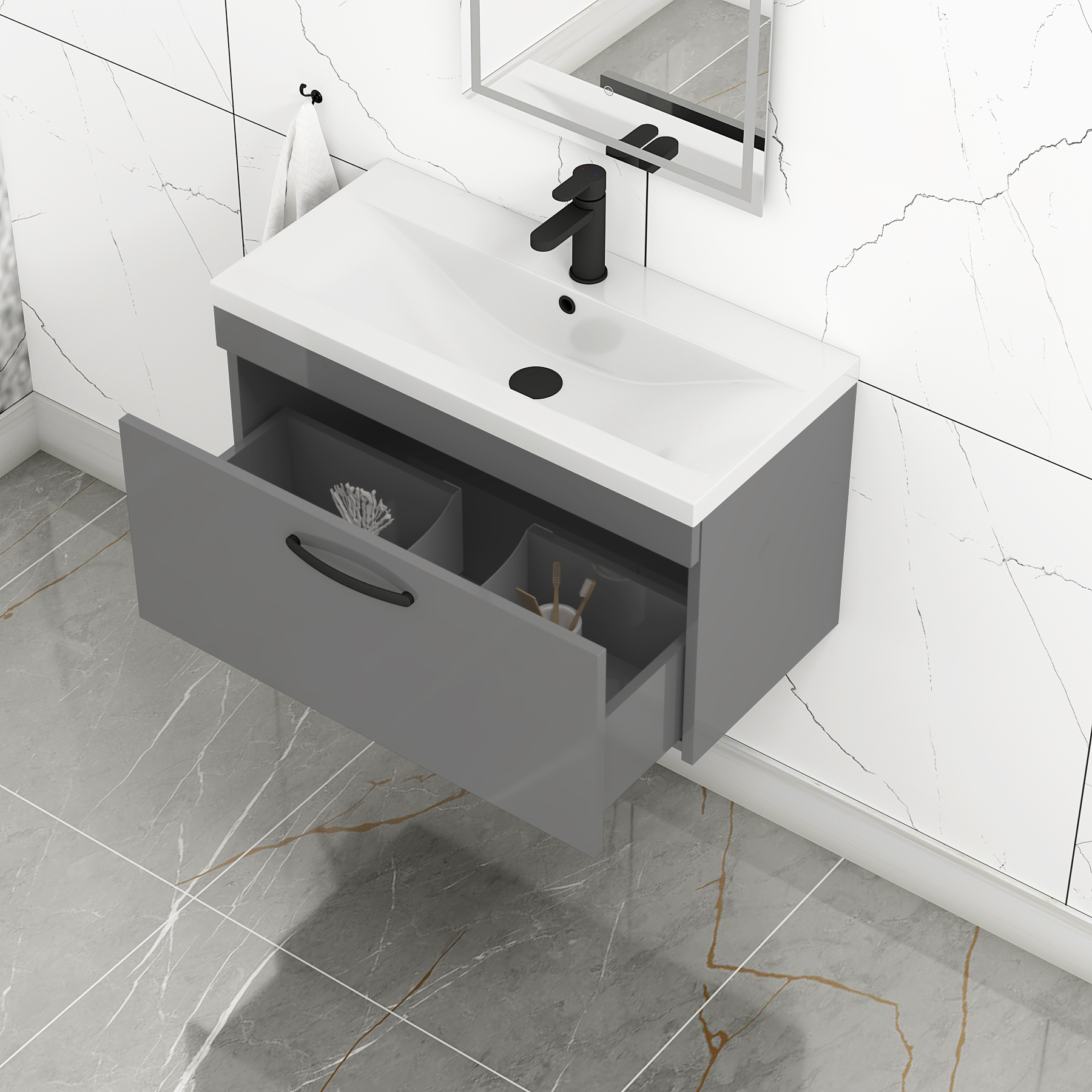 Turin 800mm Wall Hung Vanity Sink Unit 1 Drawer Indigo Grey Gloss - Mid-Edge Basin with Matt Black Handle