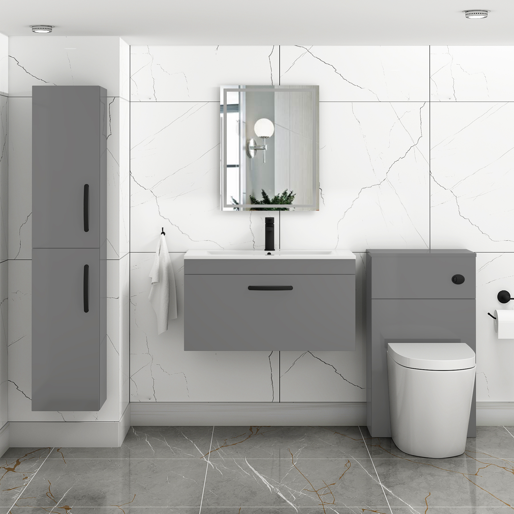 Turin 800mm Wall Hung Vanity Sink Unit 1 Drawer Indigo Grey Gloss - Minimalist Basin with Matt Black Handle