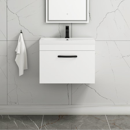 Turin 600mm Wall Hung Vanity Sink Unit 1 Drawer Gloss White - Mid-Edge Basin with Matt Black Handle