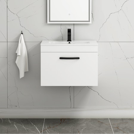 Turin 600mm Wall Hung Vanity Sink Unit 1 Drawer Gloss White - Minimalist Basin with Matt Black Handle