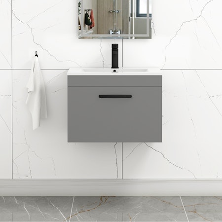 Turin 600mm Wall Hung Vanity Sink Unit 1 Drawer Indigo Grey Gloss - Minimalist Basin with Matt Black Handle
