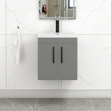 Turin 500mm Wall Hung Vanity Sink Unit 2 Door Indigo Grey Gloss - Mid-Edge Basin with Matt Black Handle