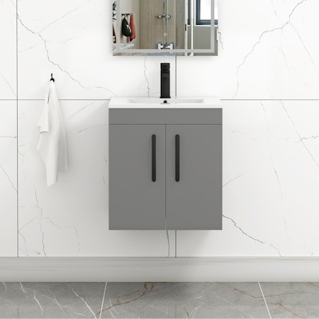 Turin 500mm Wall Hung Vanity Sink Unit 2 Door Indigo Grey Gloss - Minimalist Basin with Matt Black Handle