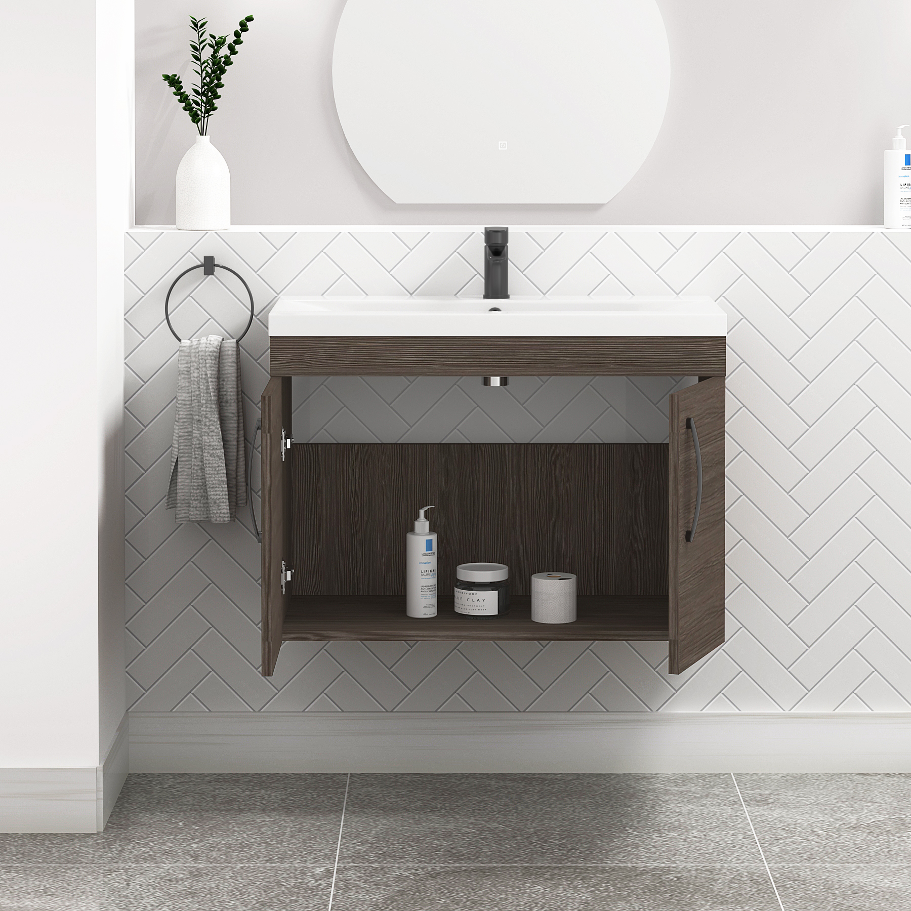 Turin 800mm Wall Hung Vanity Sink Unit 2 Door Grey Elm - Mid-Edge Basin with Matt Black Handle