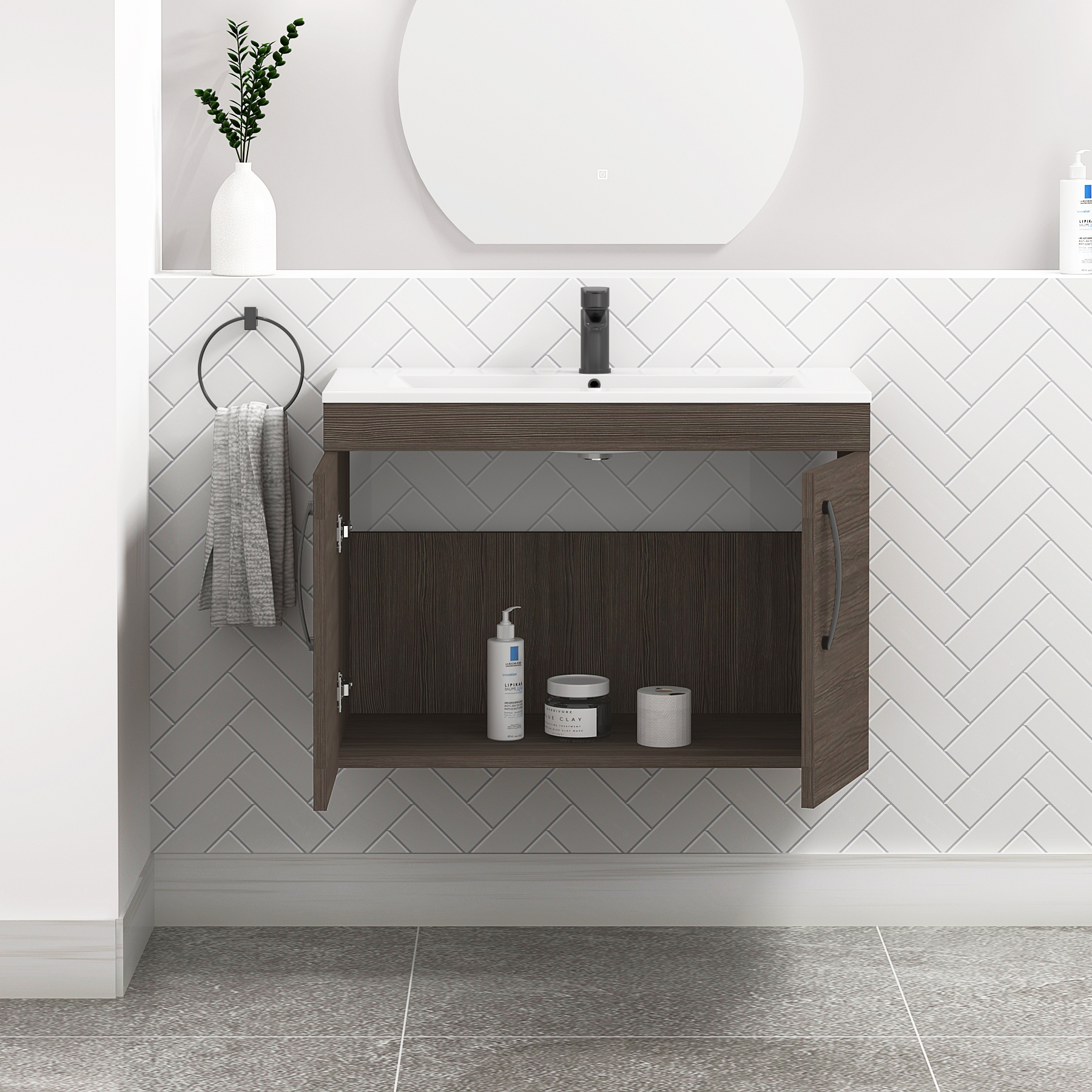 Turin 800mm Wall Hung Vanity Sink Unit 2 Door Grey Elm - Minimalist Basin with Matt Black Handle