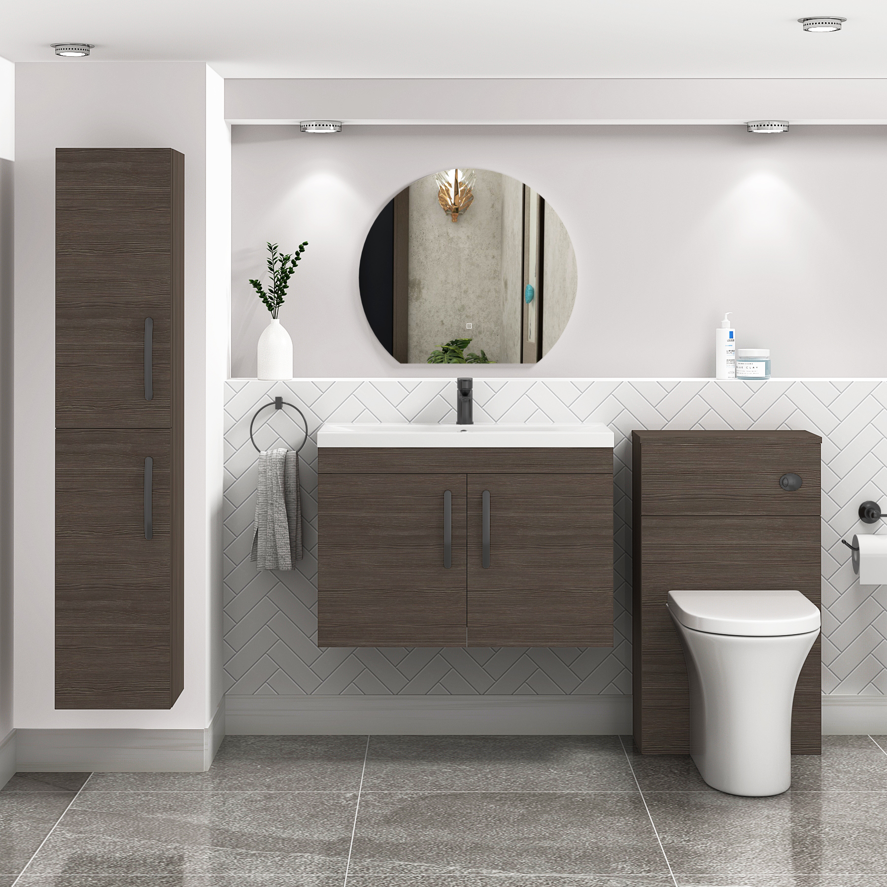 Turin 800mm Wall Hung Vanity Sink Unit 2 Door Grey Elm - Mid-Edge Basin with Matt Black Handle