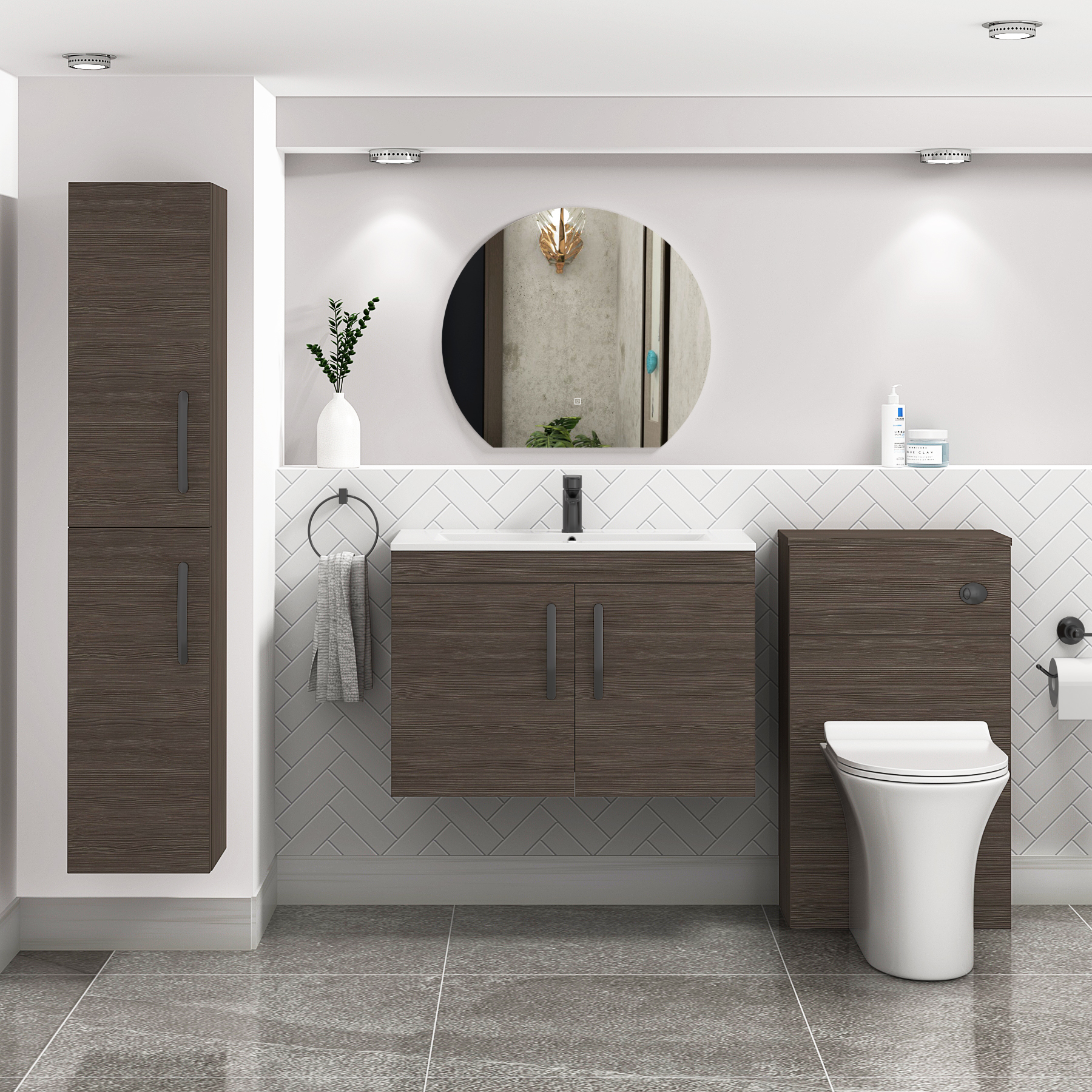 Turin 800mm Wall Hung Vanity Sink Unit 2 Door Grey Elm - Minimalist Basin with Matt Black Handle