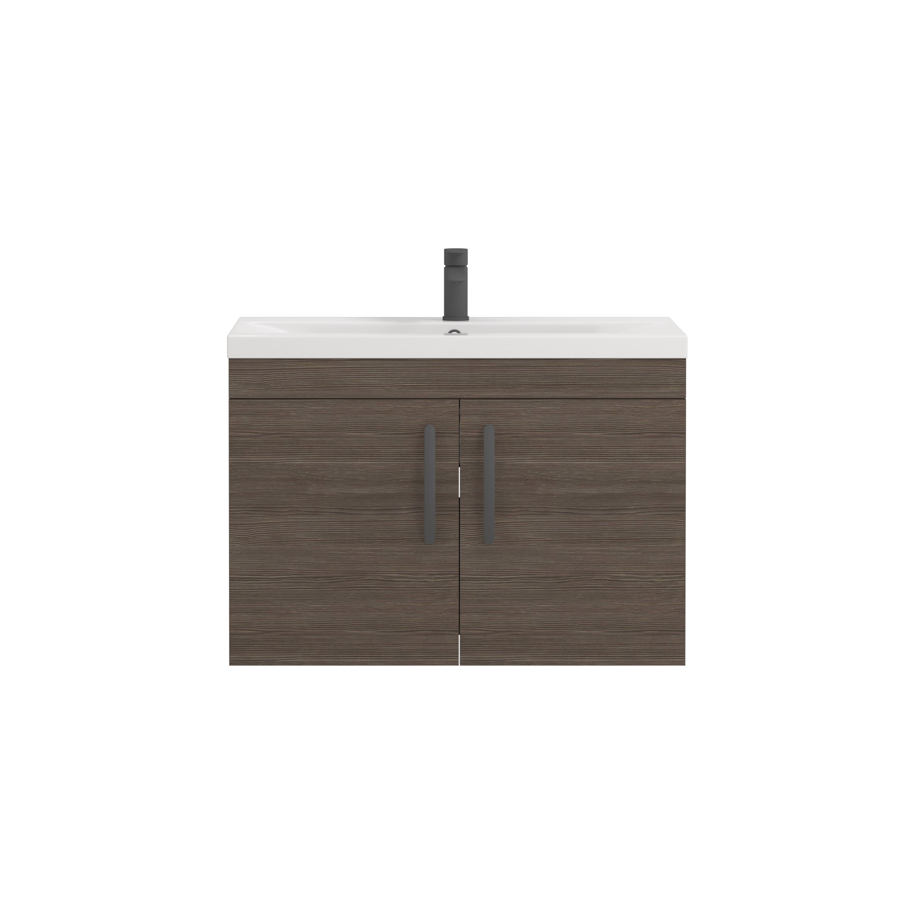 Turin 800mm Wall Hung Vanity Sink Unit 2 Door Grey Elm - Mid-Edge Basin with Matt Black Handle