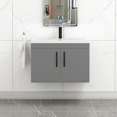 Turin 800mm Wall Hung Bathroom Vanity Unit Cabinet Basin Sink 2 Door Indigo Grey Gloss - Mid-Edge with Matt Black Handle