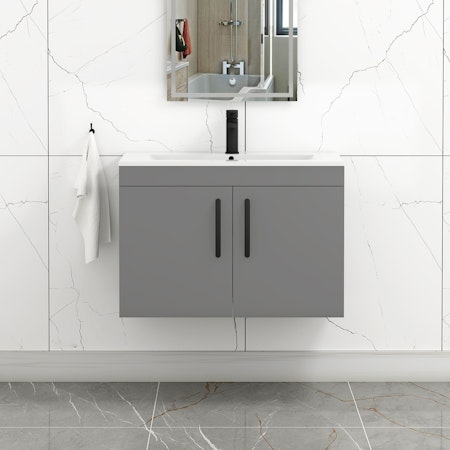 Turin 800mm Wall Hung Bathroom Vanity Sink Unit 2 Door Indigo Grey Gloss - Minimalist Cabinet Basin Sink Storage with Matt Black Handle