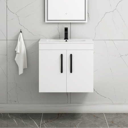 Turin 600mm Wall Hung Vanity Sink Unit 2 Door Gloss White - Minimalist Basin with Matt Black Handle