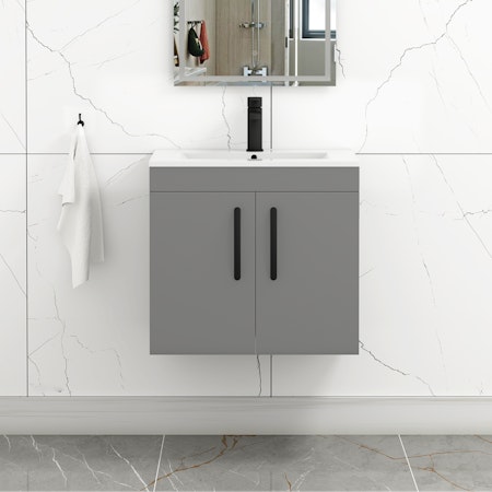 Turin 600mm Wall Hung Vanity Sink Unit 2 Door Indigo Grey Gloss - Minimalist Basin with Matt Black Handle
