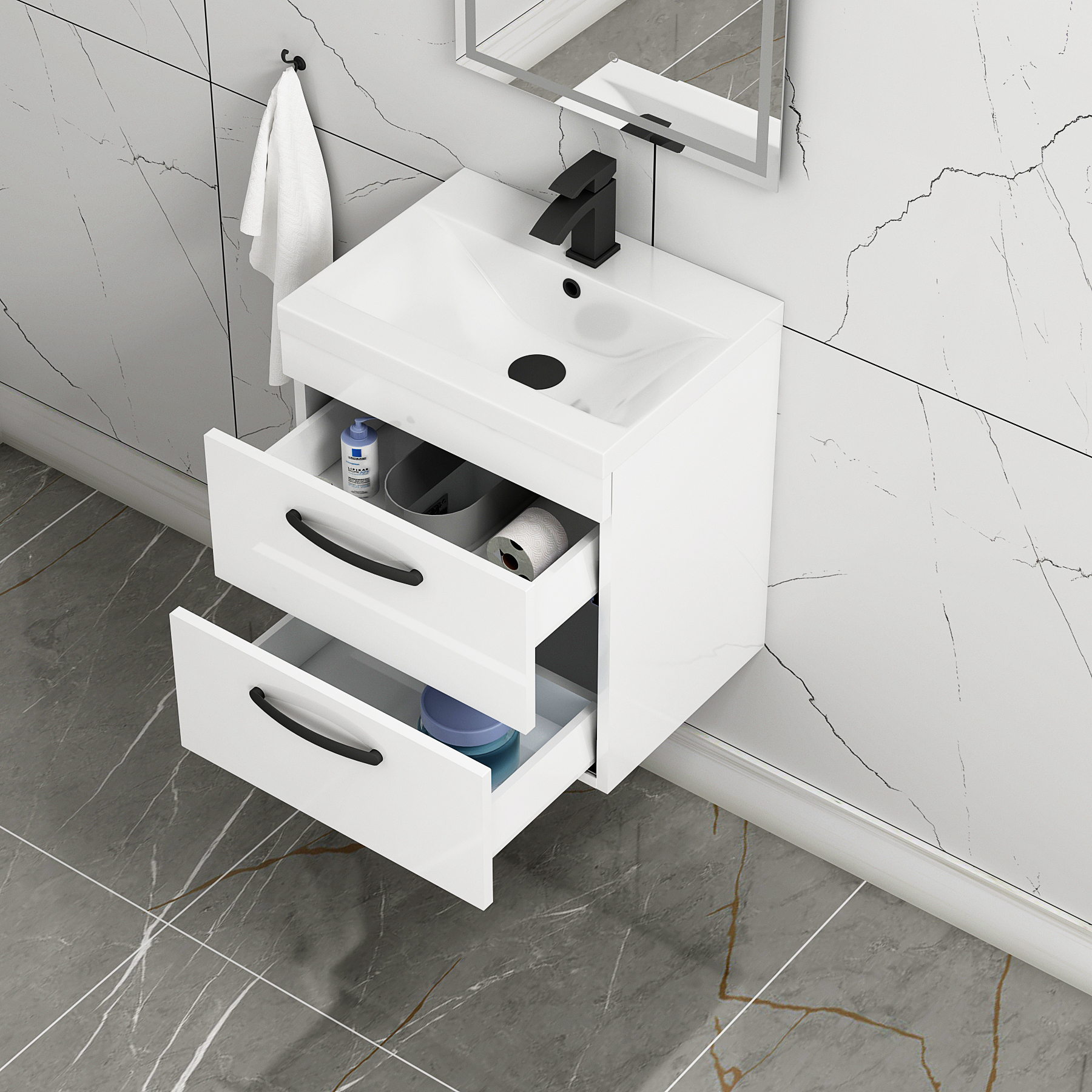 Turin 500mm Wall Hung Vanity Unit Gloss White 2 Drawer - Mid-Edge Sink Unit with Matt Black Handle