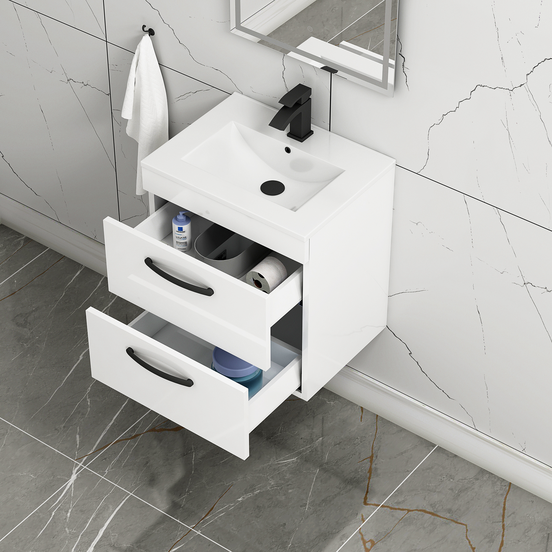 Turin 500mm Wall Hung Vanity Unit Gloss White 2 Drawer - Minimalist Sink Unit with Matt Black Handle