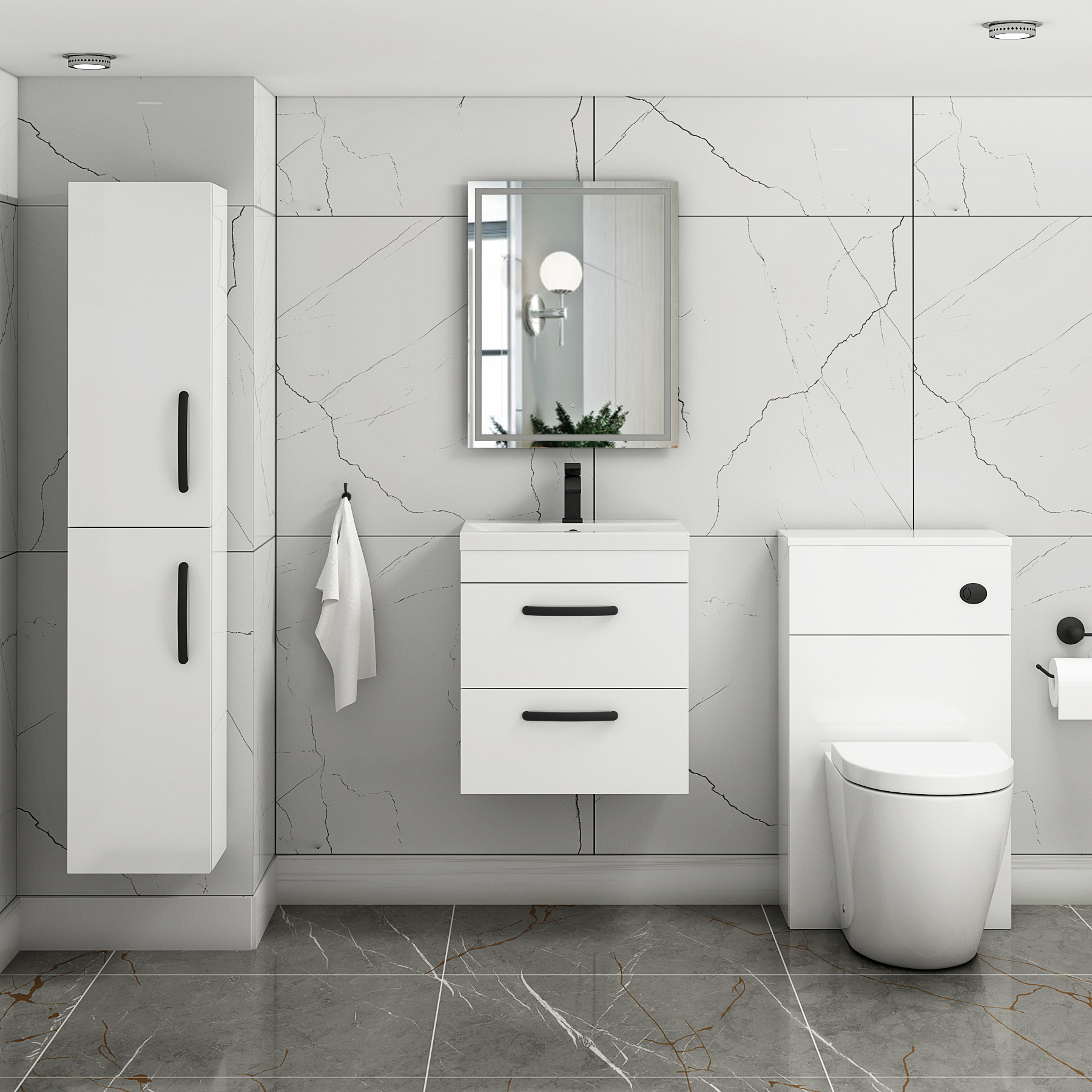 Turin 500mm Wall Hung Vanity Unit Gloss White 2 Drawer - Mid-Edge Sink Unit with Matt Black Handle