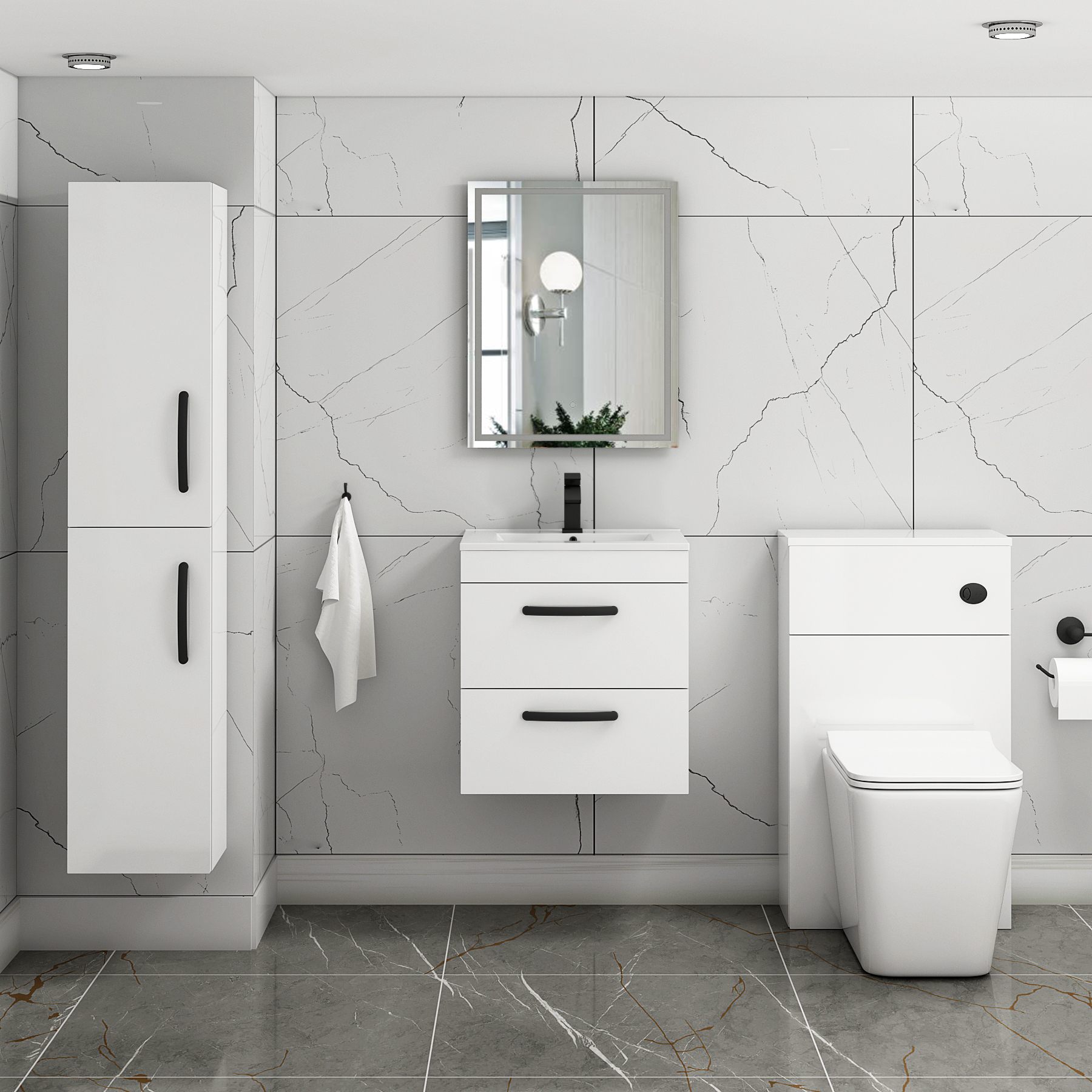 Turin 500mm Wall Hung Vanity Unit Gloss White 2 Drawer - Minimalist Sink Unit with Matt Black Handle