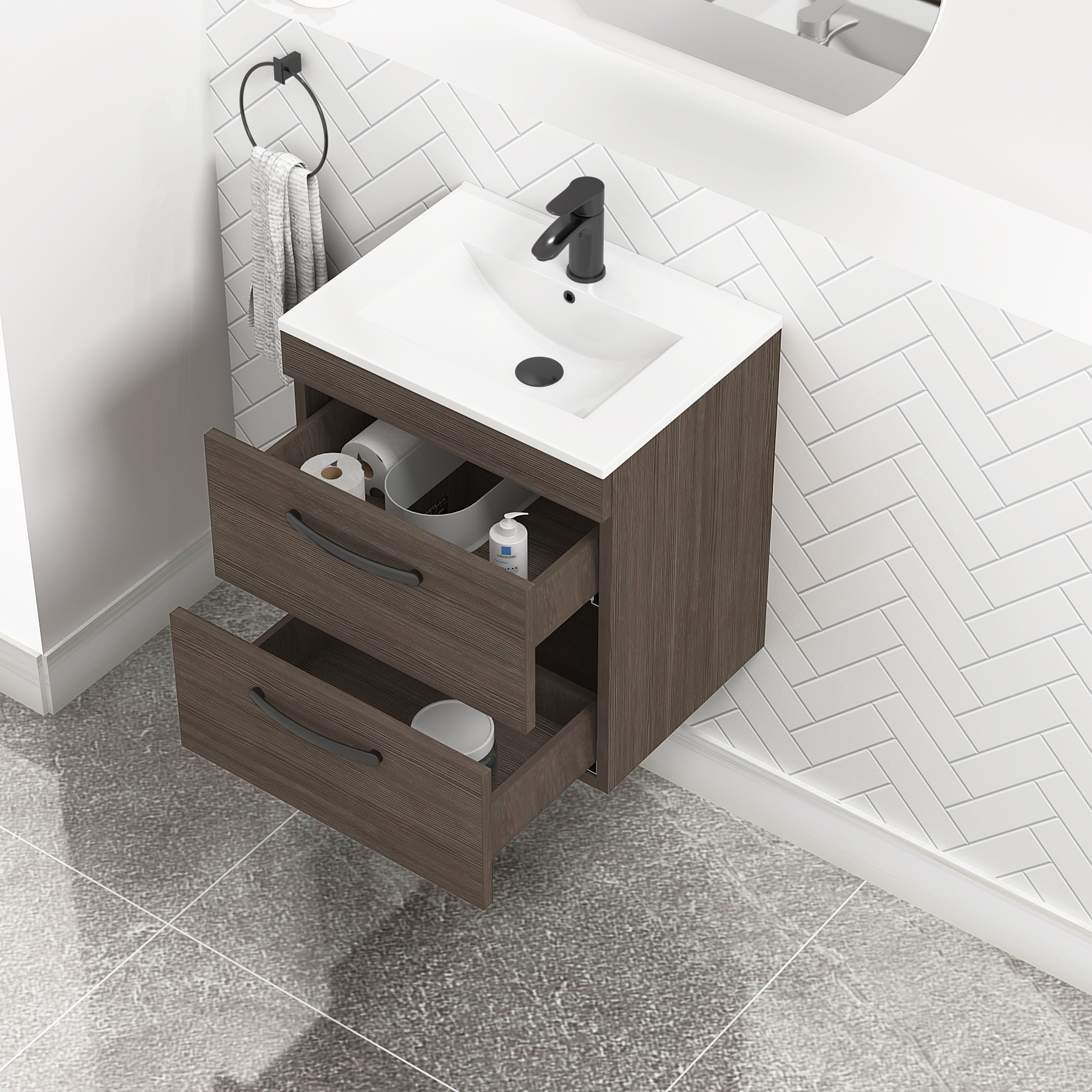 Turin 500mm Wall Hung Vanity Unit Grey Elm 2 Drawer - Minimalist Sink Unit with Matt Black Handle