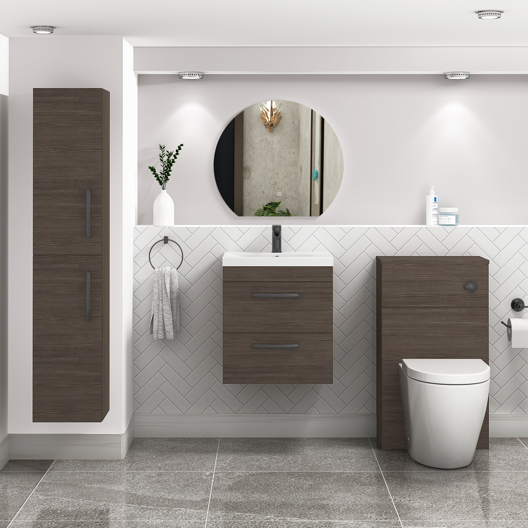 Turin 500mm Wall Hung Vanity Unit Grey Elm 2 Drawer - Mid-Edge Sink Unit with Matt Black Handle