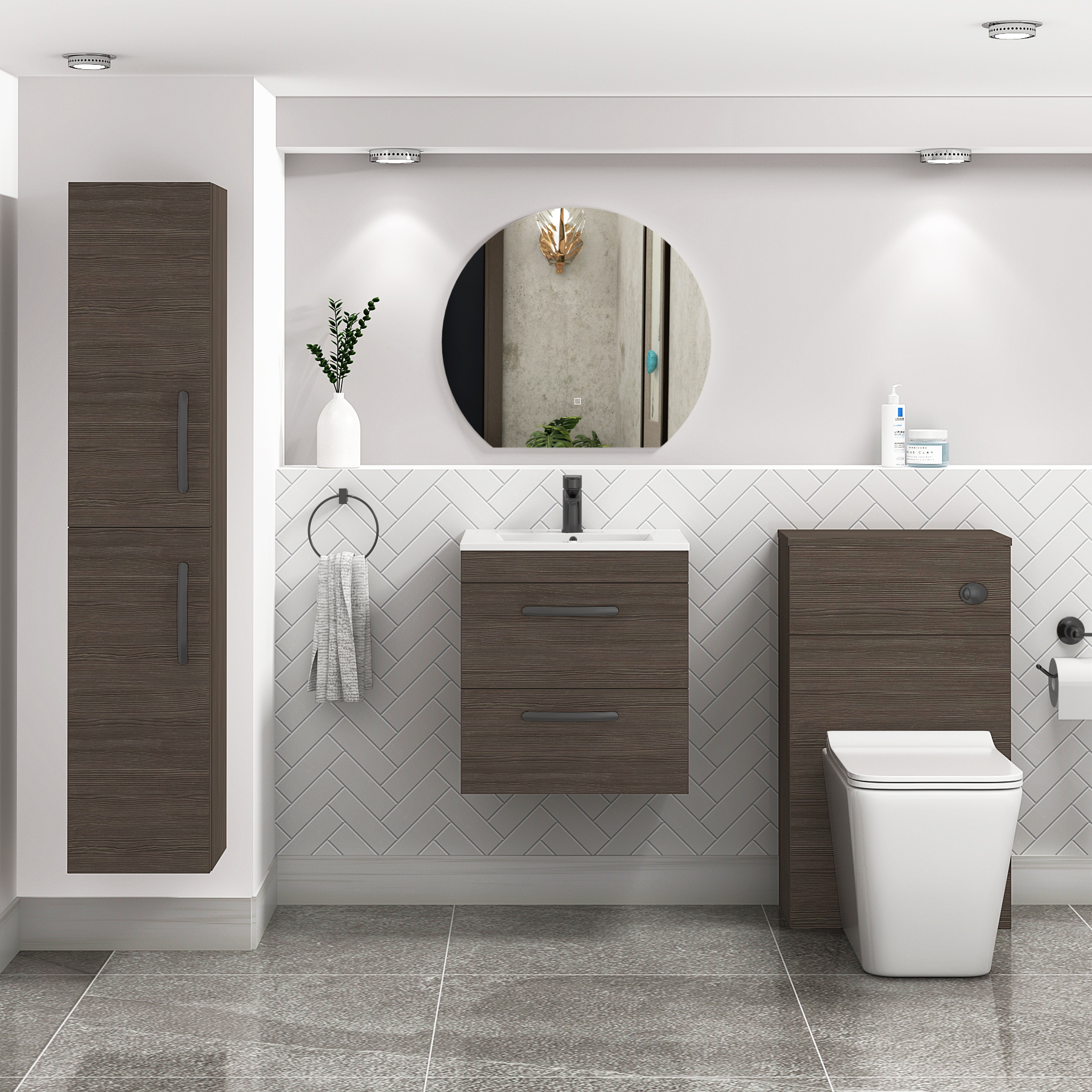 Turin 500mm Wall Hung Vanity Unit Grey Elm 2 Drawer - Minimalist Sink Unit with Matt Black Handle