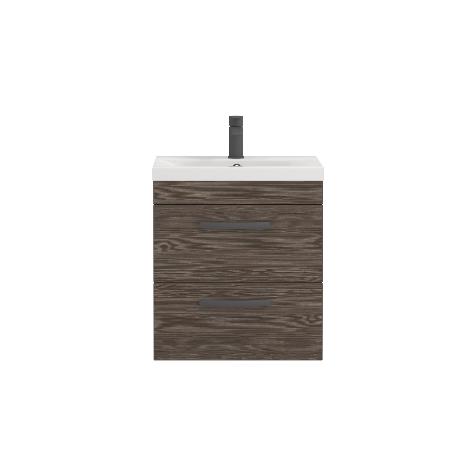 Turin 500mm Wall Hung Vanity Unit Grey Elm 2 Drawer - Mid-Edge Sink Unit with Matt Black Handle