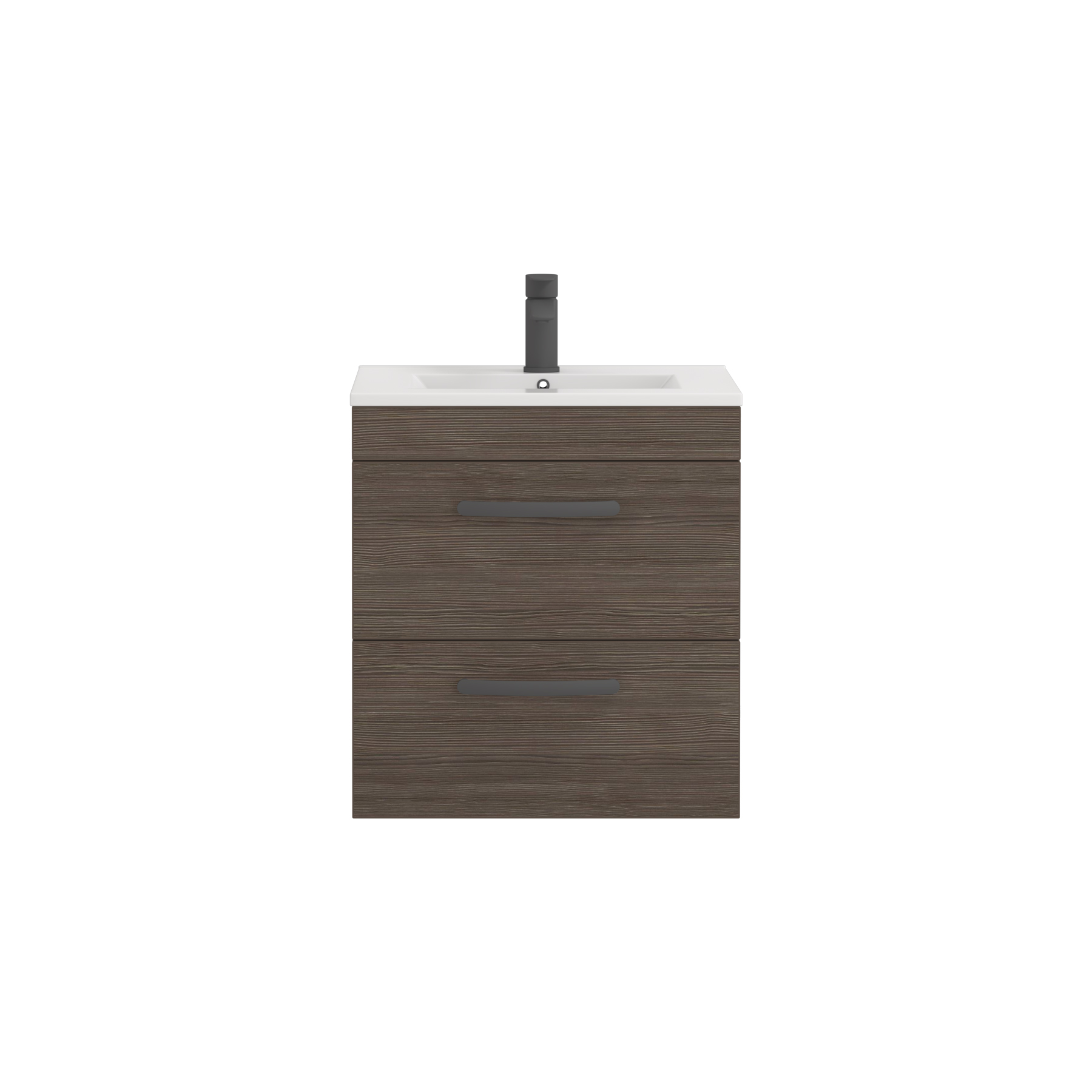 Turin 500mm Wall Hung Vanity Unit Grey Elm 2 Drawer - Minimalist Sink Unit with Matt Black Handle