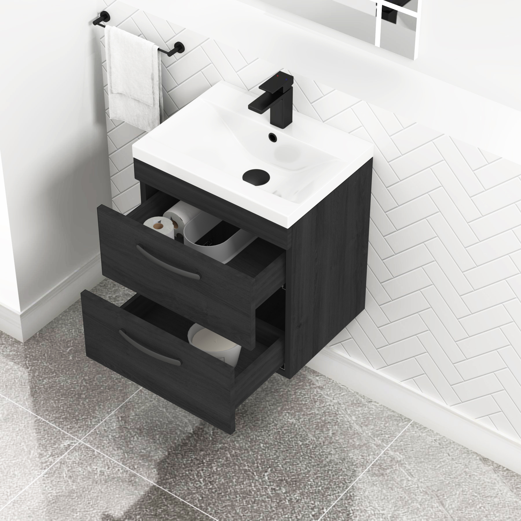 Turin 500mm Wall Hung Vanity Unit Hale Black 2 Drawer - Mid-Edge Sink Unit with Matt Black Handle