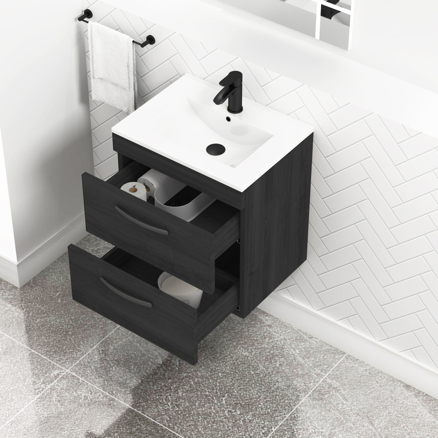 Turin 500mm Wall Hung Vanity Unit Hale Black 2 Drawer - Minimalist Sink Unit with Matt Black Handle