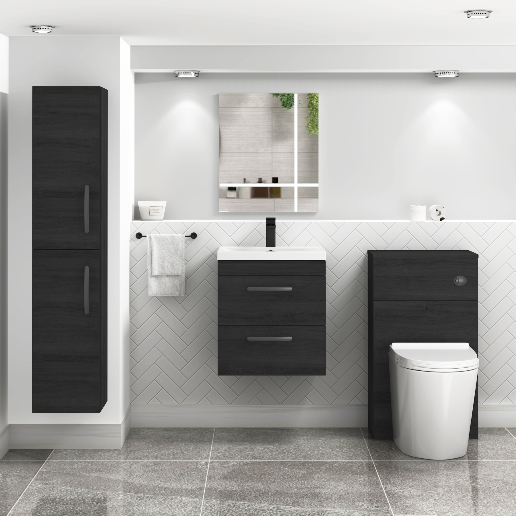 Turin 500mm Wall Hung Vanity Unit Hale Black 2 Drawer - Mid-Edge Sink Unit with Matt Black Handle