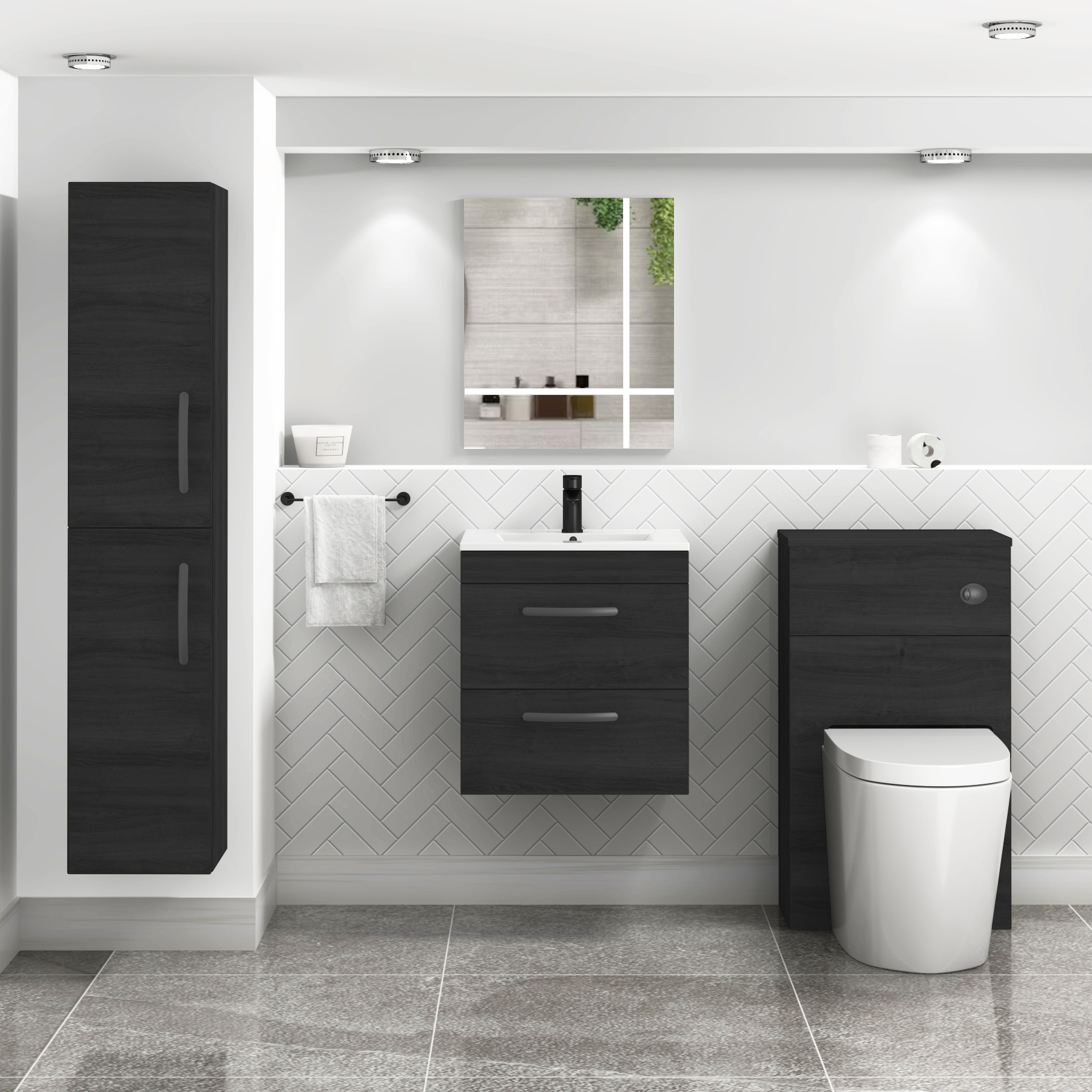 Turin 500mm Wall Hung Vanity Unit Hale Black 2 Drawer - Minimalist Sink Unit with Matt Black Handle