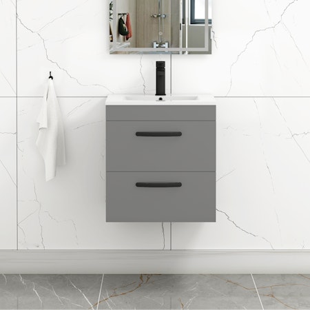 Turin 500mm Wall Hung Vanity Unit Indigo Grey Gloss 2 Drawer - Minimalist Sink Unit with Matt Black Handle