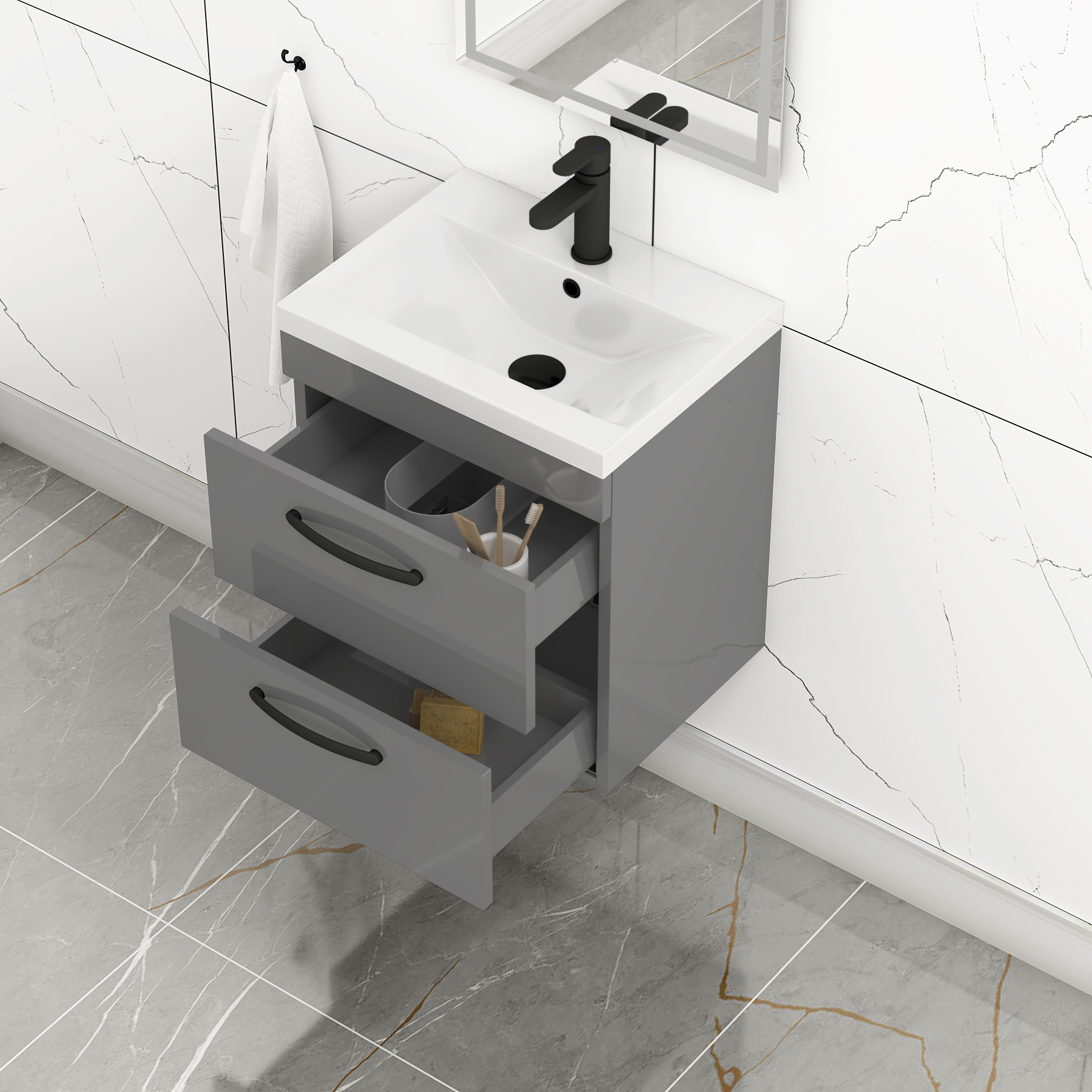 Turin 500mm Wall Hung Vanity Unit Indigo Grey Gloss 2 Drawer - Mid-Edge Sink Unit with Matt Black Handle